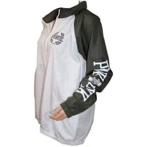 Victoria's Secret PINK White/Dark Green‎ Anorak Hidden Hood Zip Windbreaker M/L